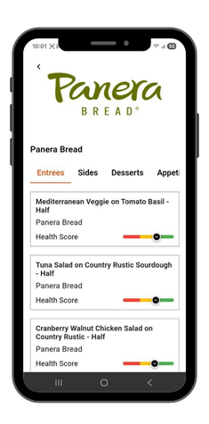 Journiy app — color-coded red, yellow, green meal health indicator